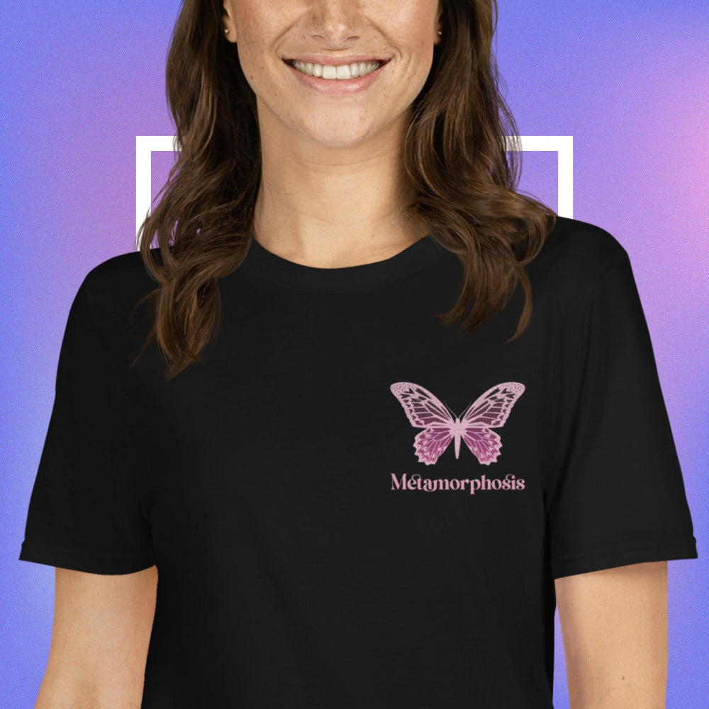 Metamorphosis Pink Butterfly Embroidered TShirt - Black Color - https://ascensionemporium.net